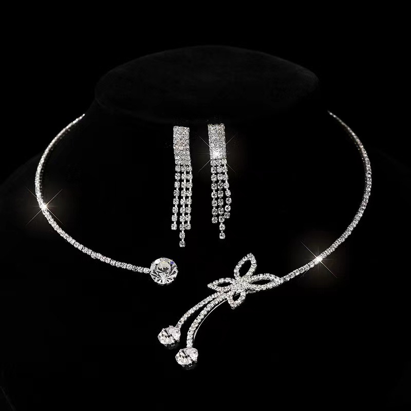 Set naušnica i ogrlica sa rhinestones, ogrlica s leptir-priveskom, lanac u obliku O, ženski modni nakit; oblike privjeska: srce, kapljica, zvončić