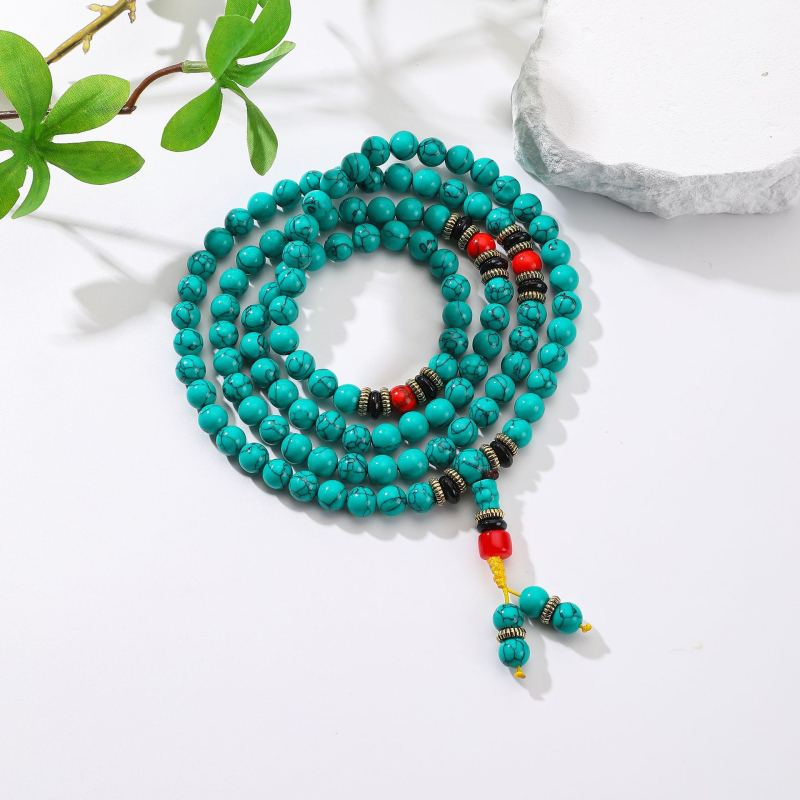 Tirkizno tibetanskog stila narukvica s 108 perla, ručna izrada, vintage dizajn, unisex
