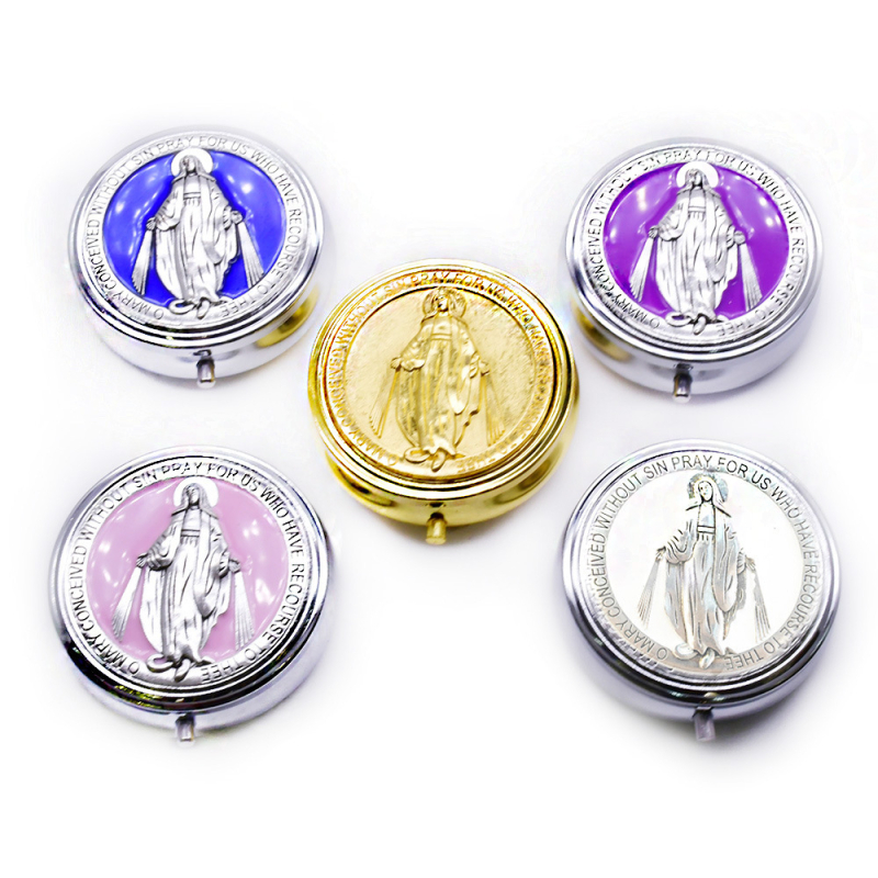 Κουτί δώρου ροζάριο με τον Άγιο Βενέδικτο και την Παναγία – Κράμα Ψευδάργυρου, ανάγλυφη επιφάνεια, Θρησκευτικό στυλ