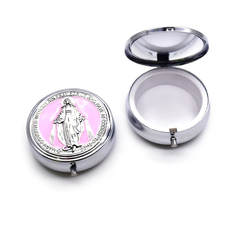 Κουτί δώρου ροζάριο με τον Άγιο Βενέδικτο και την Παναγία – Κράμα Ψευδάργυρου, ανάγλυφη επιφάνεια, Θρησκευτικό στυλ