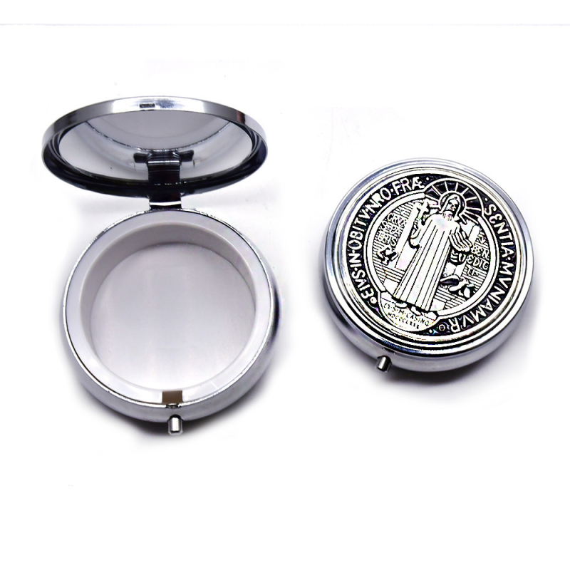 Κουτί δώρου ροζάριο με τον Άγιο Βενέδικτο και την Παναγία – Κράμα Ψευδάργυρου, ανάγλυφη επιφάνεια, Θρησκευτικό στυλ