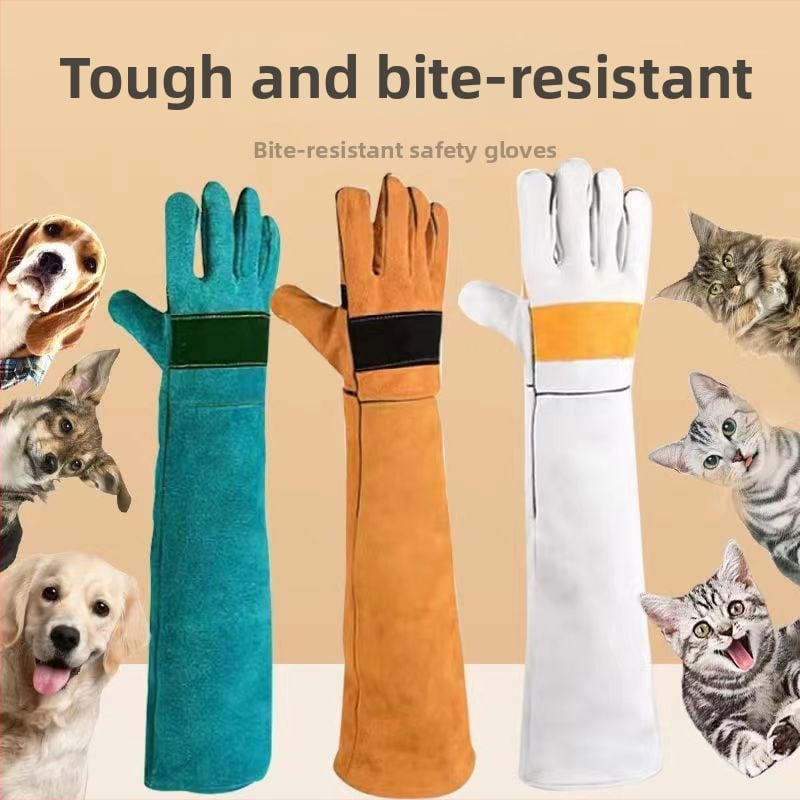 Ilgas liellopa ādas aizsargcimdi pret suņu kodieniem un kaķu skrāpējumiem, pastiprinātas konstrukcijas treniņam