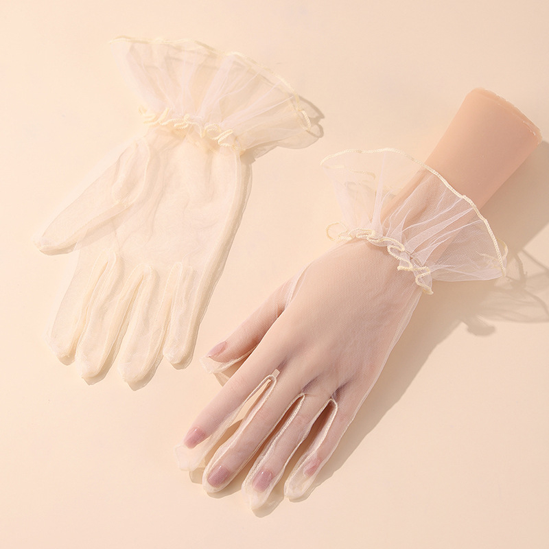 Līgavām cimdi ar tīkla mežģīni, elegants vecmodīgs princeses stils, poliesters