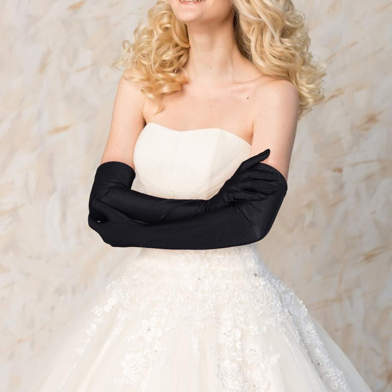 Moteriškos satino pirštinės, ilgos iki alkūnės, dekoratyvinės vestuvėms ir vakarinėms šventėms — 2025 m. vasaros pristatymas