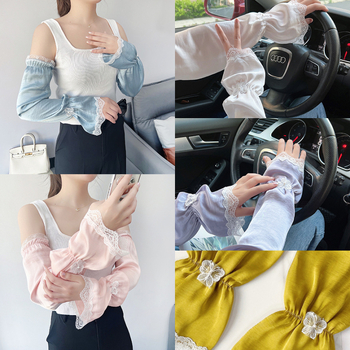 Слънцезащитни ръкавели за жени, дишащи от полиестер и шифон, дантелена украса с пеперуда, за каране на велосипед на открито