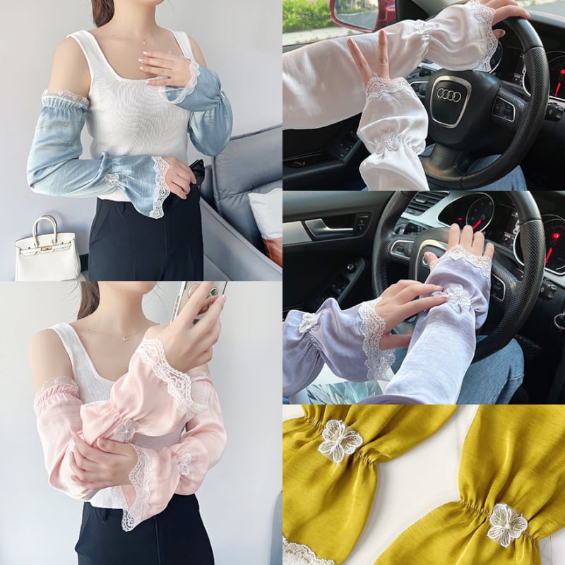 Слънцезащитни ръкавели за жени, дишащи от полиестер и шифон, дантелена украса с пеперуда, за каране на велосипед на открито