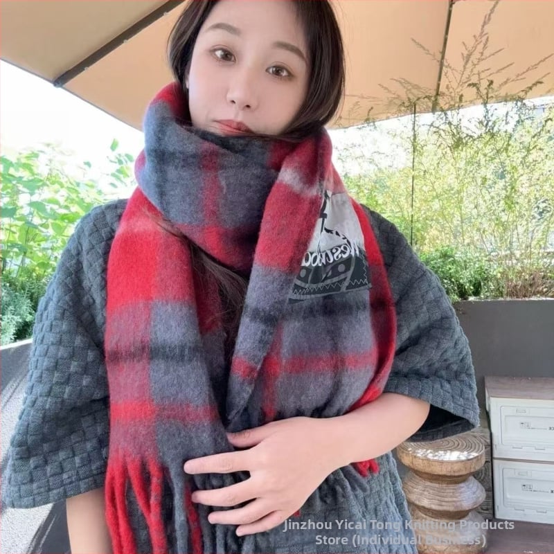 Kašmira šalle ar rakstu kvadrātiņos, silts kakla šalle ar pūkām, izcelsme Guangzhou, 2025. gada pavasara izlaidums