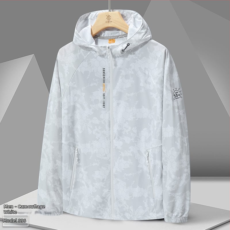 Ārējā vēja jaka 996 – universāla, UPF50+ UV aizsardzība, elpojoša un ļoti viegla, kamuflāžas modelis ar kapuci, poliesters