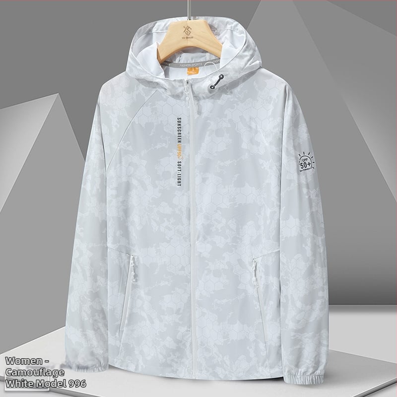 Ārējā vēja jaka 996 – universāla, UPF50+ UV aizsardzība, elpojoša un ļoti viegla, kamuflāžas modelis ar kapuci, poliesters
