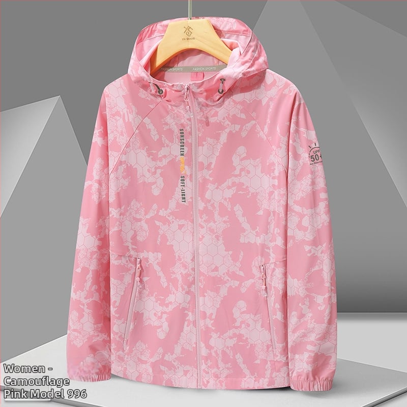 Ārējā vēja jaka 996 – universāla, UPF50+ UV aizsardzība, elpojoša un ļoti viegla, kamuflāžas modelis ar kapuci, poliesters