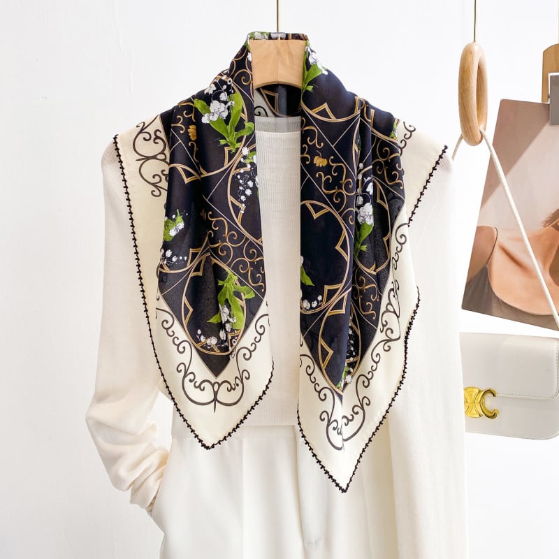Ženski svileni šal, kvadratni, 100% svila, Crepe de Chine tkanina, ljeto, vez i tisak