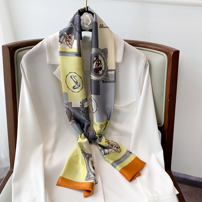 Γυναικείος φουλάρι από συνθετικό μετάξι, διπλής χρήσης ως λαστιχάκι μαλλιών και φουλάρι λαιμού, απλή ύφανση, μεσαίου μήκους, Καλοκαίρι 2021.