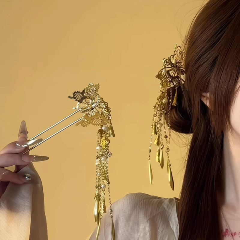 Ukosnica za kosu s leptirovim resicama, elektroplatirana zliatina, oblik U, novi kineski stil