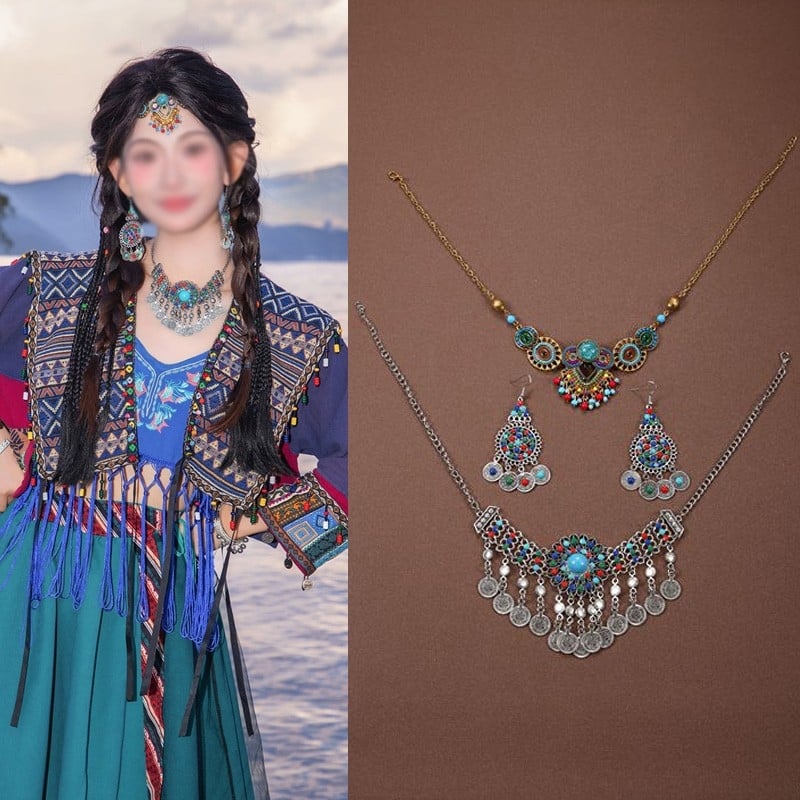 Комплект аксесоари за коса в етно стил: диадема, обици и огърлица за деца; сплав, електроплатиране, етно стил, етнически узор