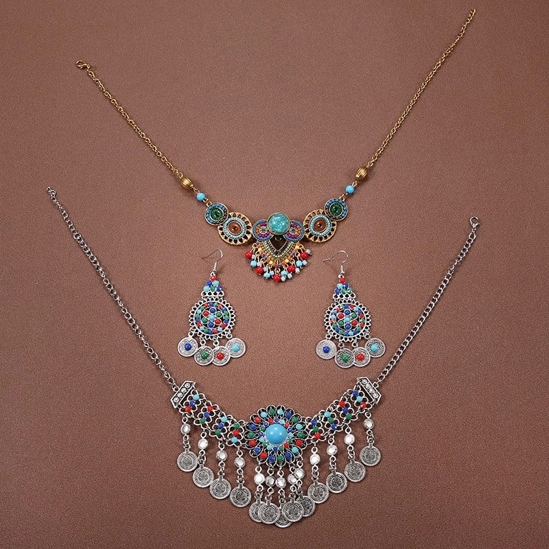 Комплект аксесоари за коса в етно стил: диадема, обици и огърлица за деца; сплав, електроплатиране, етно стил, етнически узор