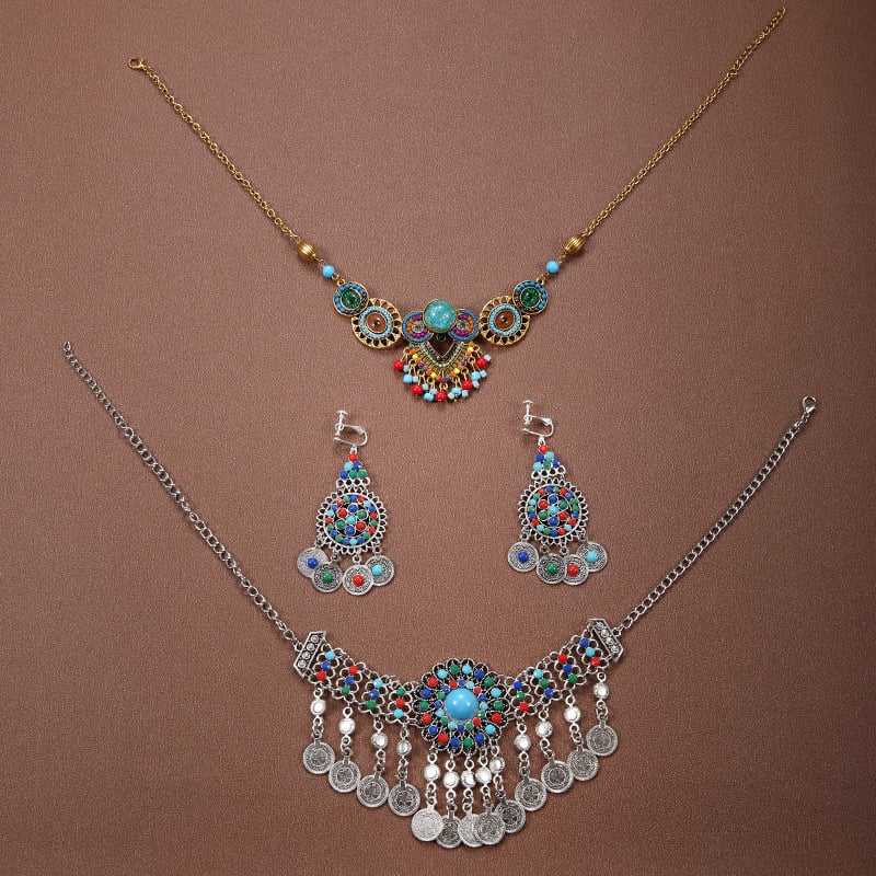 Комплект аксесоари за коса в етно стил: диадема, обици и огърлица за деца; сплав, електроплатиране, етно стил, етнически узор