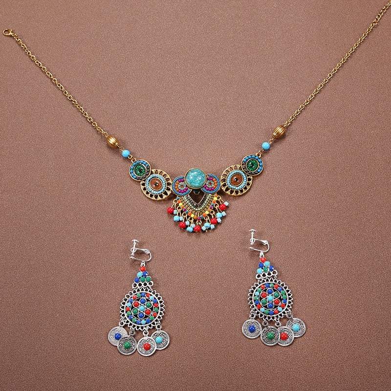 Комплект аксесоари за коса в етно стил: диадема, обици и огърлица за деца; сплав, електроплатиране, етно стил, етнически узор