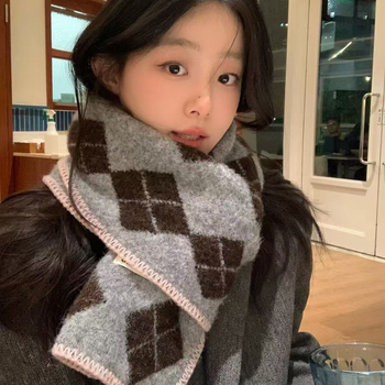 Šalis iš pūko kolledžo stiliaus su rombo forma ir taškių modeliu, imitacija kašmyro, mezginė kraštinė, žieminis šiltas moterims