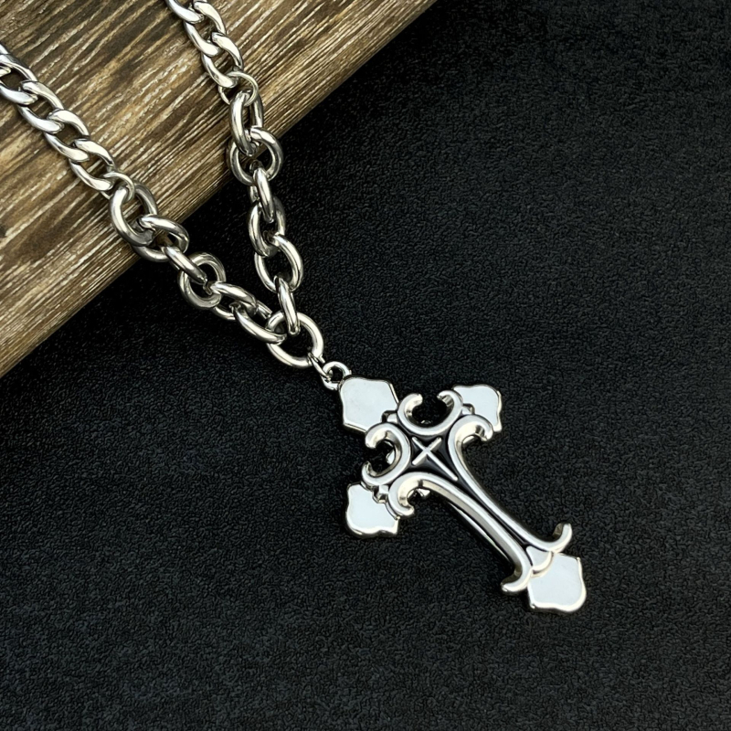 Colier cu pandantiv cruce din aliaj și lanț cu mărgele din oțel titan, placare electroplatină, lungime 51–60 cm