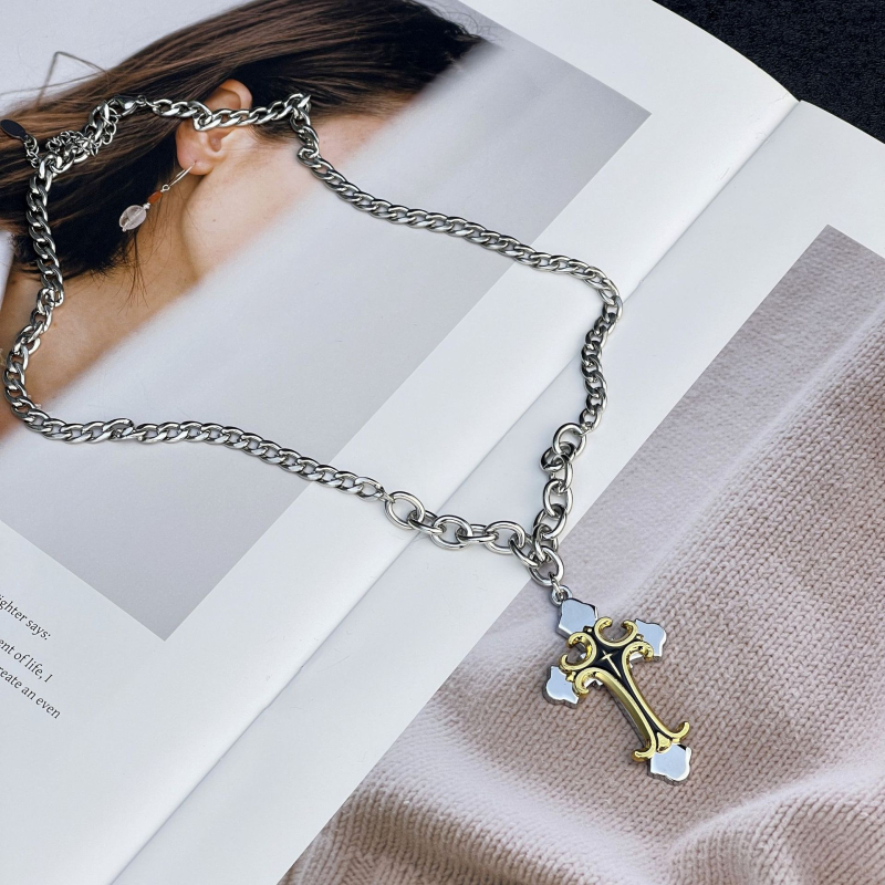 Colier cu pandantiv cruce din aliaj și lanț cu mărgele din oțel titan, placare electroplatină, lungime 51–60 cm