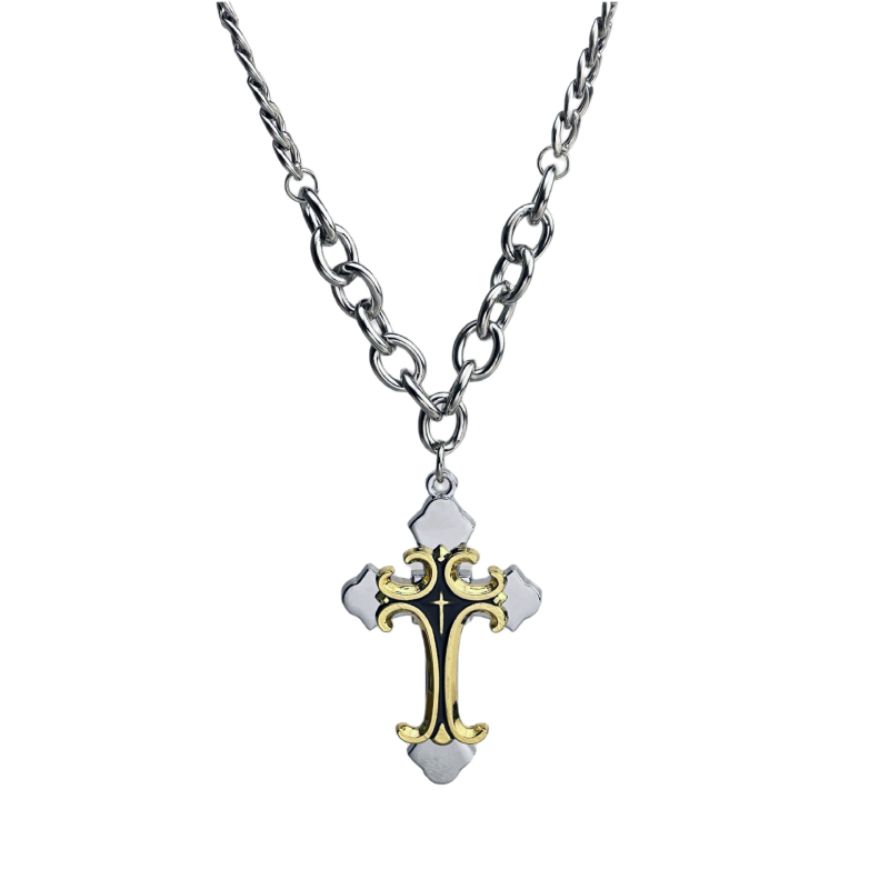 Colier cu pandantiv cruce din aliaj și lanț cu mărgele din oțel titan, placare electroplatină, lungime 51–60 cm