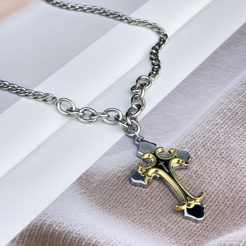 Colier cu pandantiv cruce din aliaj și lanț cu mărgele din oțel titan, placare electroplatină, lungime 51–60 cm