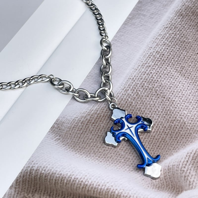 Colier cu pandantiv cruce din aliaj și lanț cu mărgele din oțel titan, placare electroplatină, lungime 51–60 cm