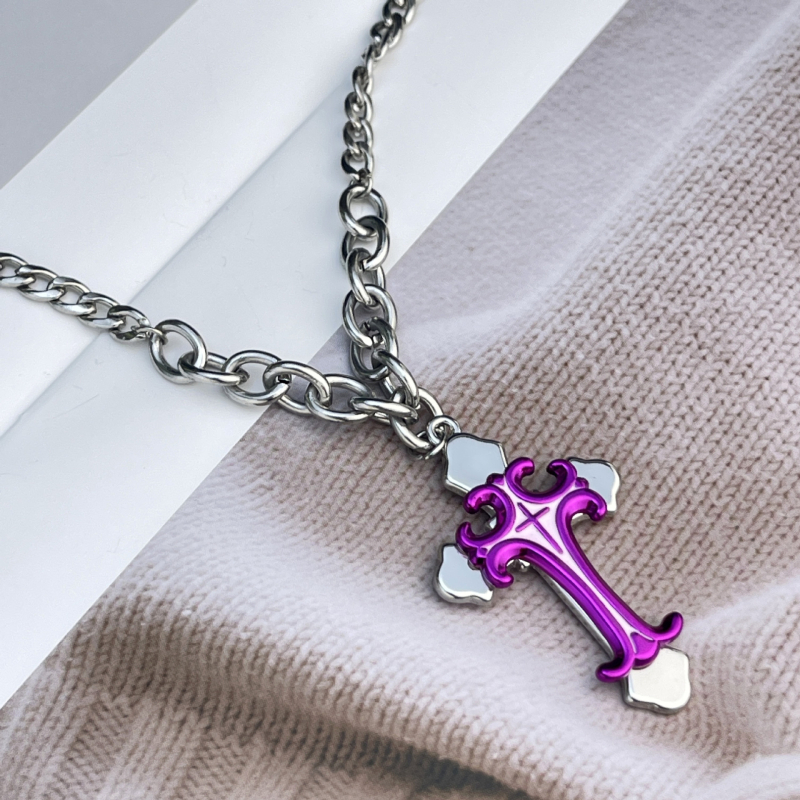 Colier cu pandantiv cruce din aliaj și lanț cu mărgele din oțel titan, placare electroplatină, lungime 51–60 cm