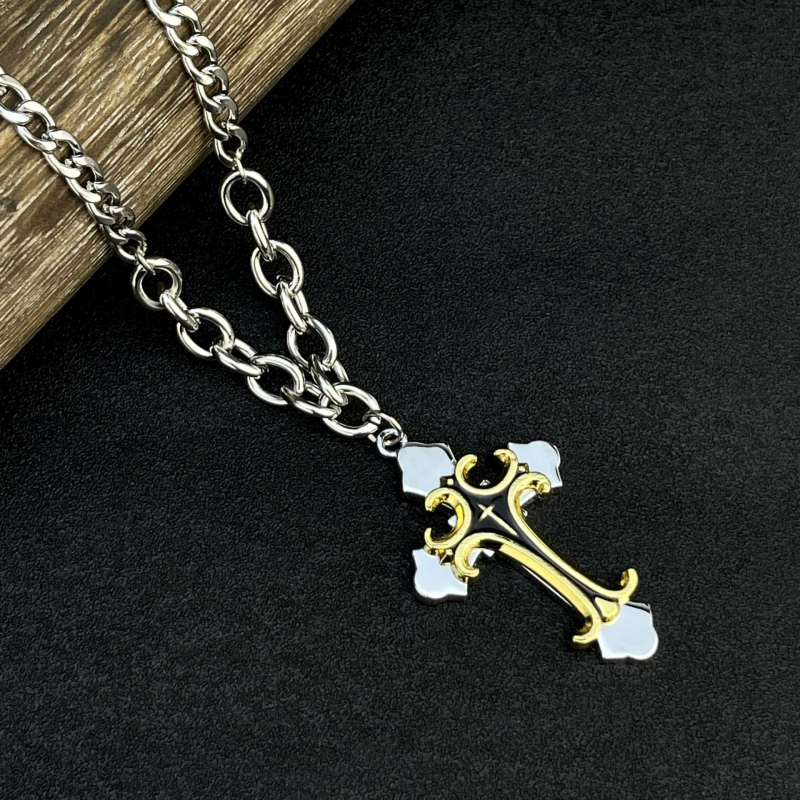 Colier cu pandantiv cruce din aliaj și lanț cu mărgele din oțel titan, placare electroplatină, lungime 51–60 cm