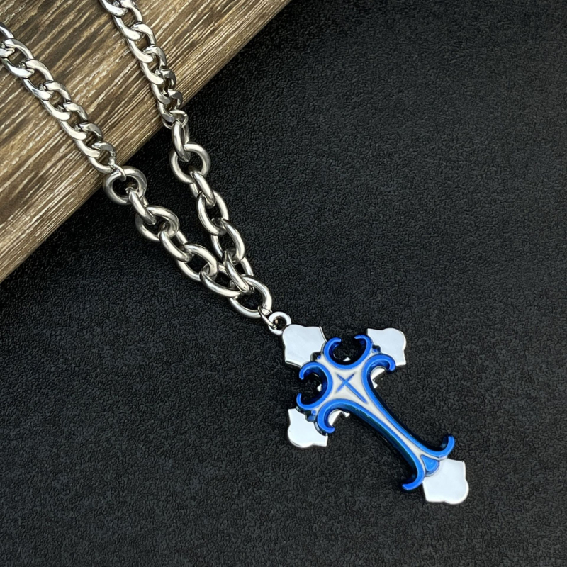 Colier cu pandantiv cruce din aliaj și lanț cu mărgele din oțel titan, placare electroplatină, lungime 51–60 cm