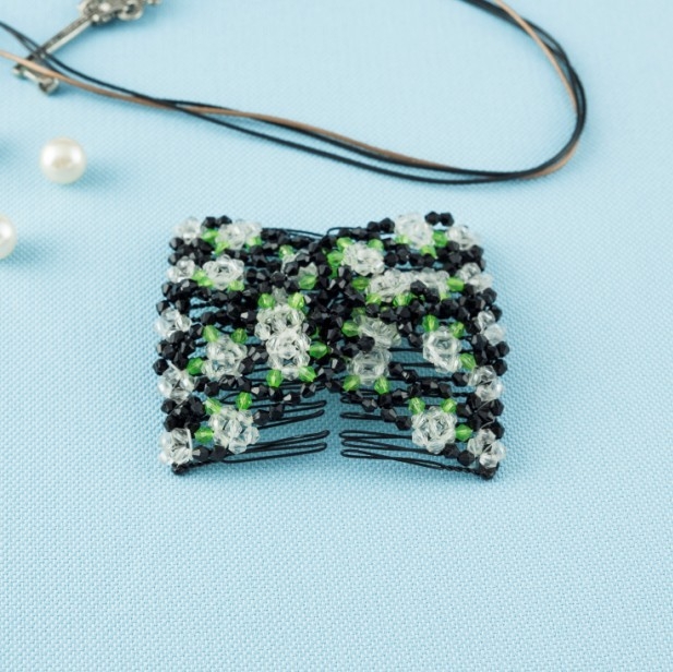 Clip de păr cu fluture din mărgele, elastice, design romb, lucrat manual, cristale, plastic/rasină