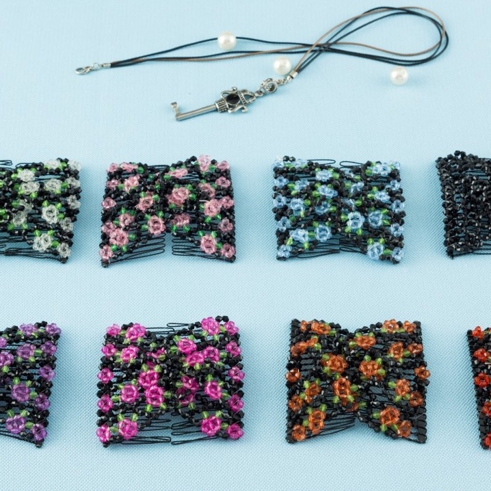 Clip de păr cu fluture din mărgele, elastice, design romb, lucrat manual, cristale, plastic/rasină