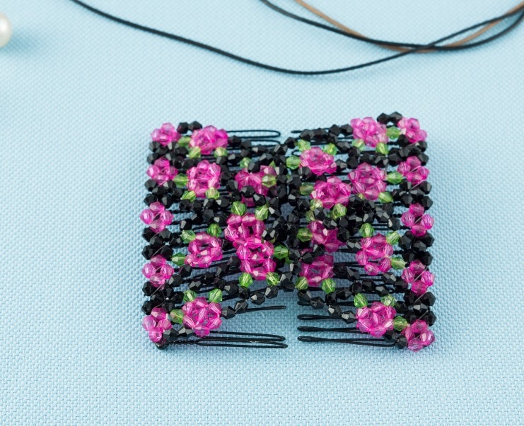 Clip de păr cu fluture din mărgele, elastice, design romb, lucrat manual, cristale, plastic/rasină