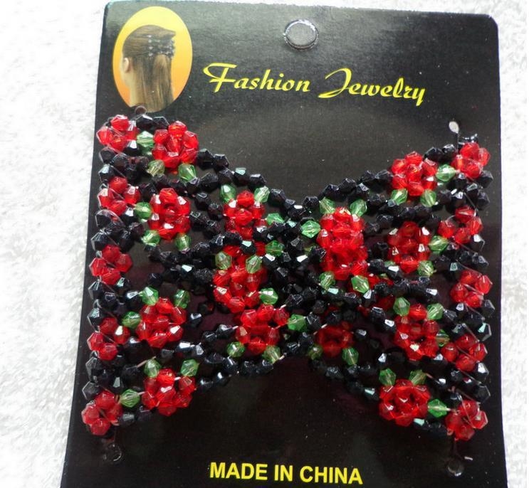 Clip de păr cu fluture din mărgele, elastice, design romb, lucrat manual, cristale, plastic/rasină