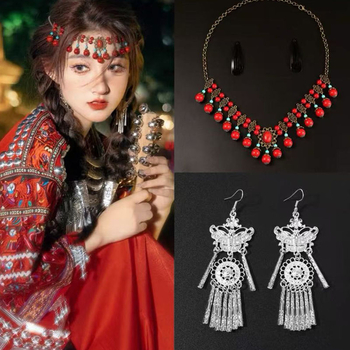 Etno vintage set nakita za putovanja: naušnice, dodatak za glavu i ogrlica s lancem na čelo – zemljane boje