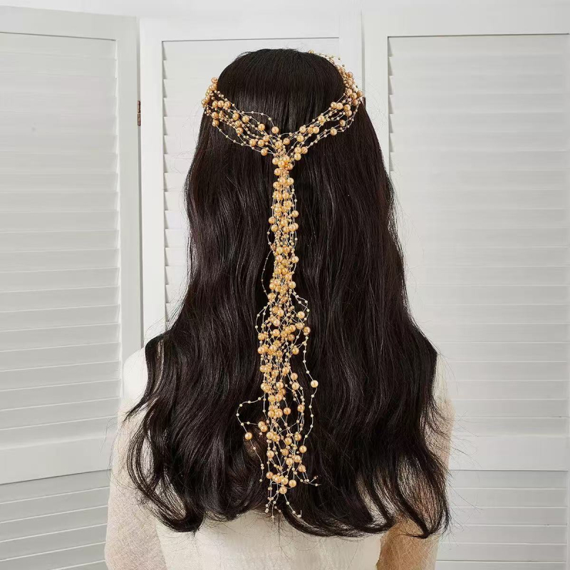 Traka za kosu s perlama, ručno izrađena, kineski stil, ručno pletena, ljeto 2025