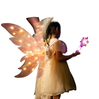 Valgustuvad liblikafee tiivad liikuva LED-efektiga, plastist rekvisiit lavale, 14+ aastat