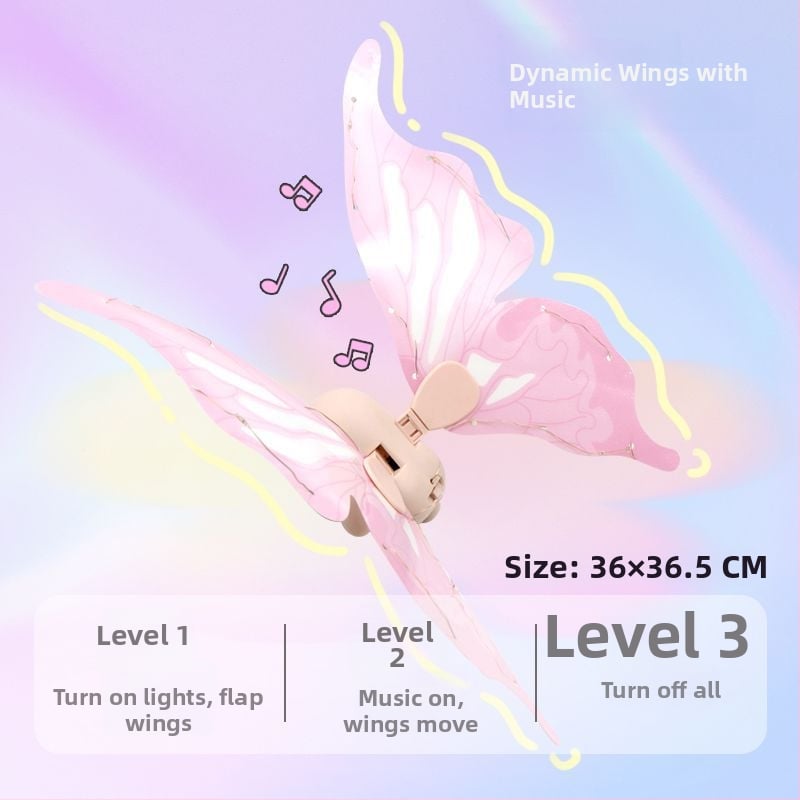 Valgustuvad liblikafee tiivad liikuva LED-efektiga, plastist rekvisiit lavale, 14+ aastat