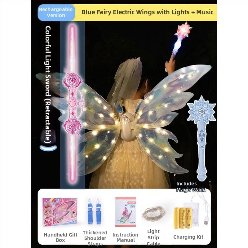 Valgustuvad liblikafee tiivad liikuva LED-efektiga, plastist rekvisiit lavale, 14+ aastat