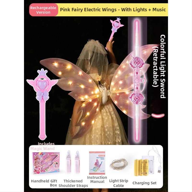 Valgustuvad liblikafee tiivad liikuva LED-efektiga, plastist rekvisiit lavale, 14+ aastat