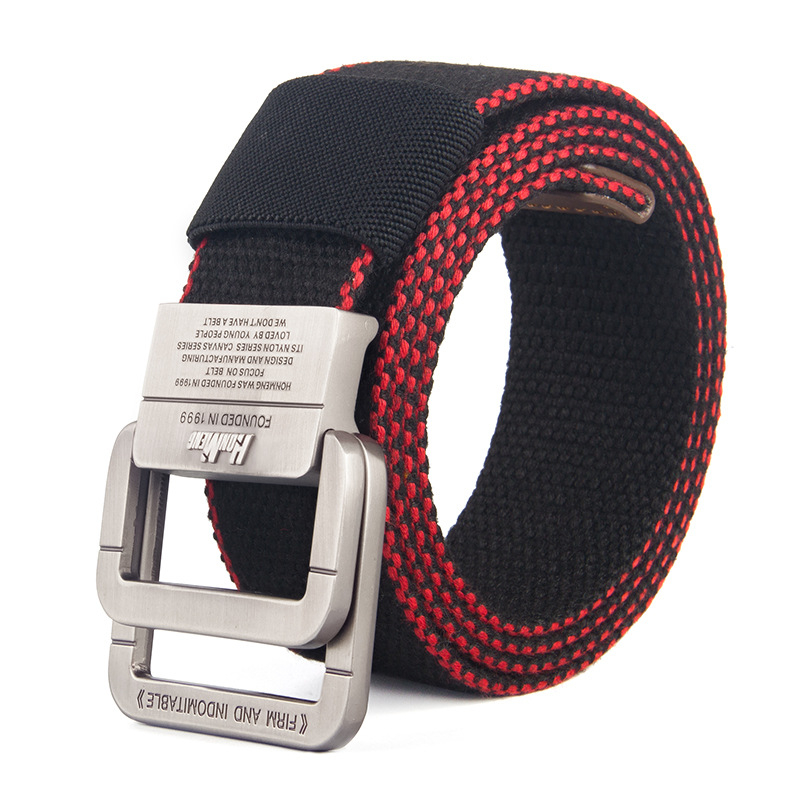 Szövött öv ötvözetű dupla gyűrűs csattal, denim stílus, 2–4 cm széles