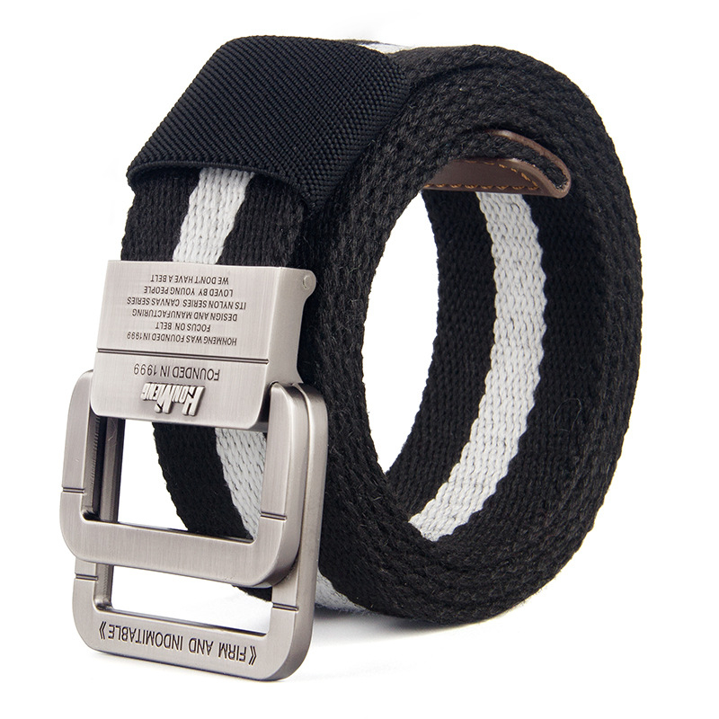 Szövött öv ötvözetű dupla gyűrűs csattal, denim stílus, 2–4 cm széles