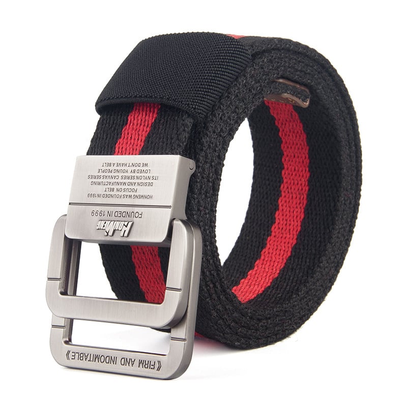 Szövött öv ötvözetű dupla gyűrűs csattal, denim stílus, 2–4 cm széles