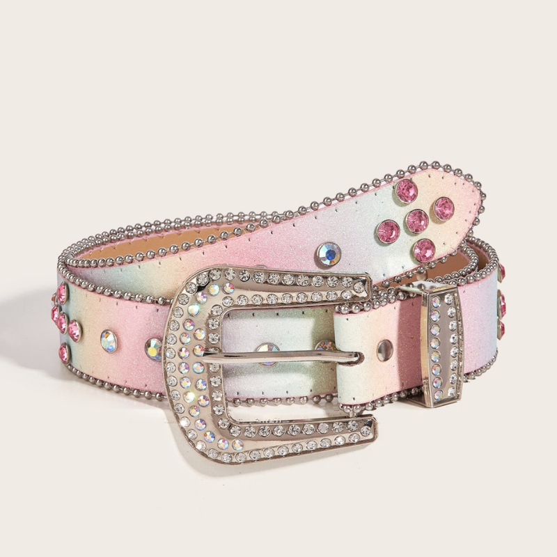 Moterų rhinestone juosta – dekoratyvus aksesuaras džinsams, sagtis iš lydinio, užsegimas spaudimo mygtuku, PU oda, elektroplatinavimo danga