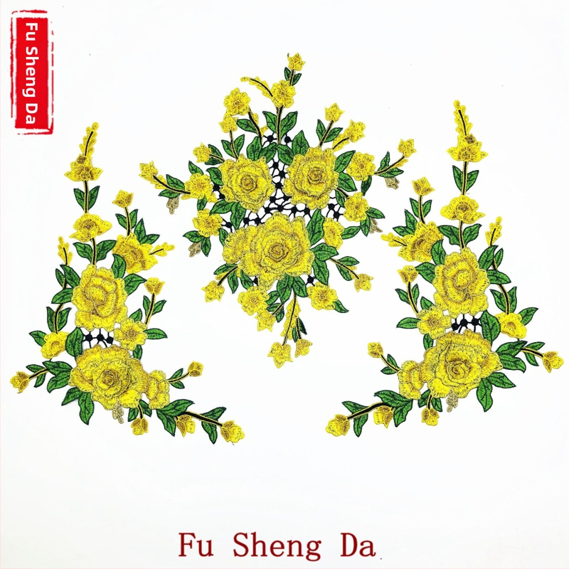 Водоразтворимо бродерийно цвете за яка, триизмерно ламинирано, полиестерна нишка, марка Fusheng Da