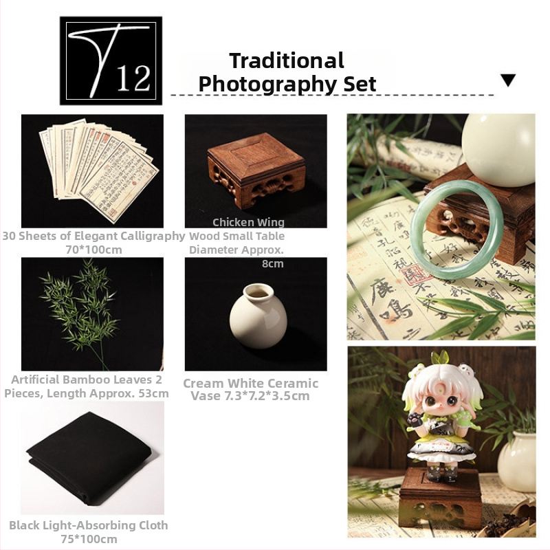 Fotorekviziti u drevnom stilu, antikne jade lutke, drveni pozadinski okvir, kod proizvoda Xw5g7eym