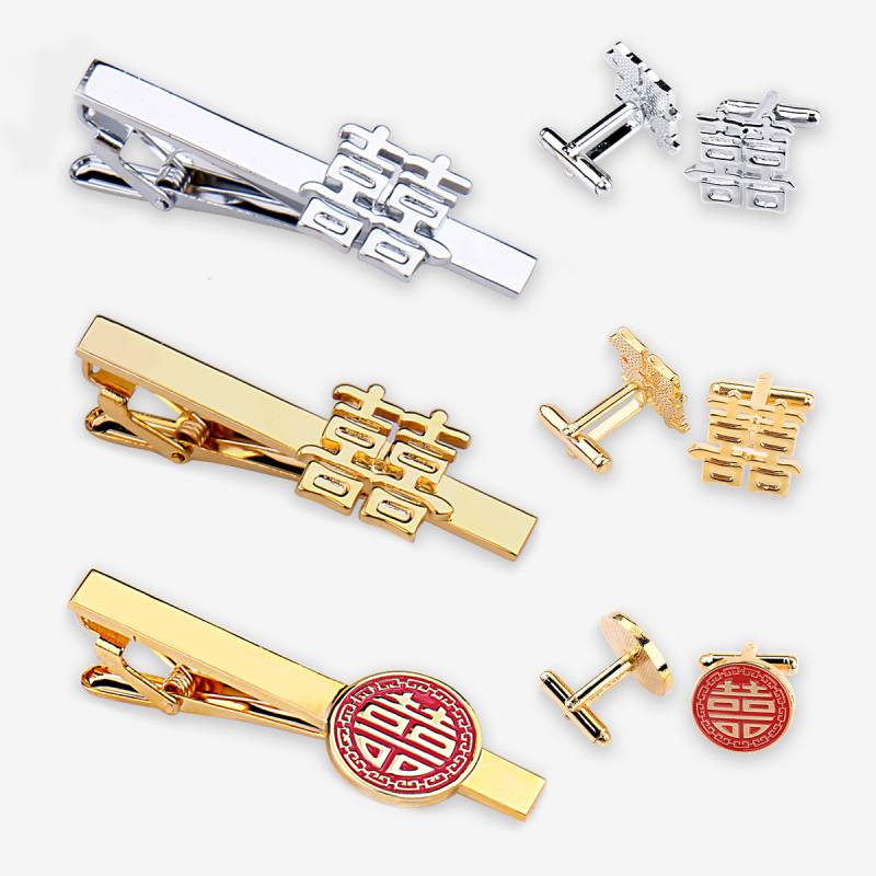 Kakla klipu un aproču pogu komplekts ar laulības motīvu, tukšs apaļš ģeometrisks raksts, elektroplātēts metāls, unisex