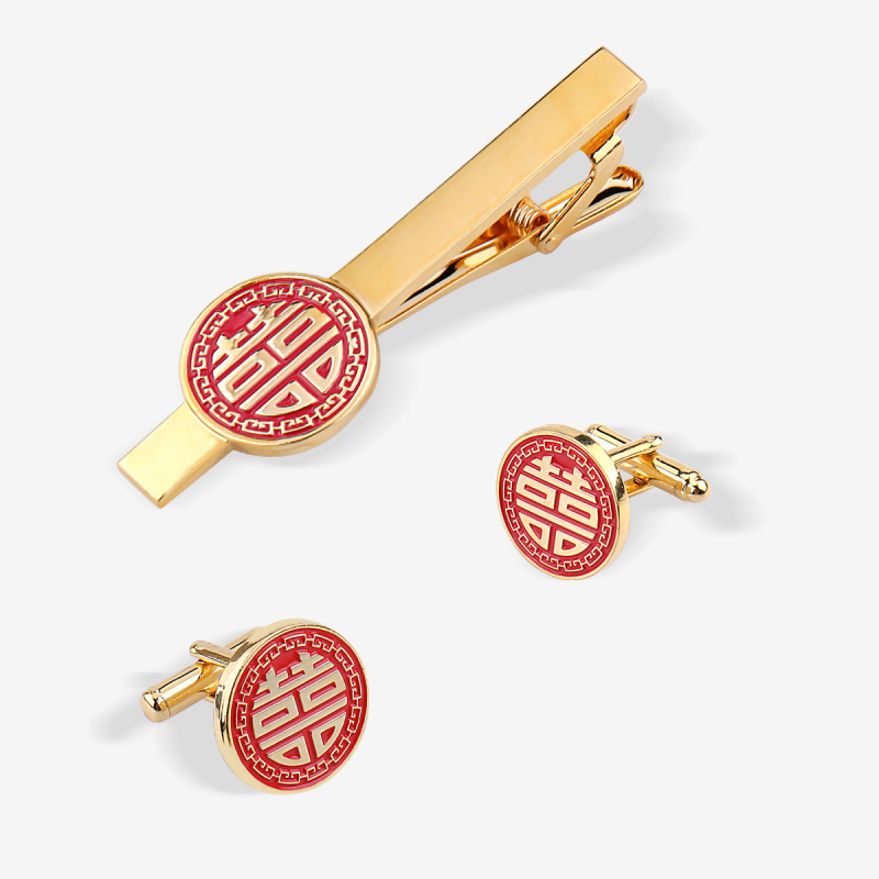 Kakla klipu un aproču pogu komplekts ar laulības motīvu, tukšs apaļš ģeometrisks raksts, elektroplātēts metāls, unisex