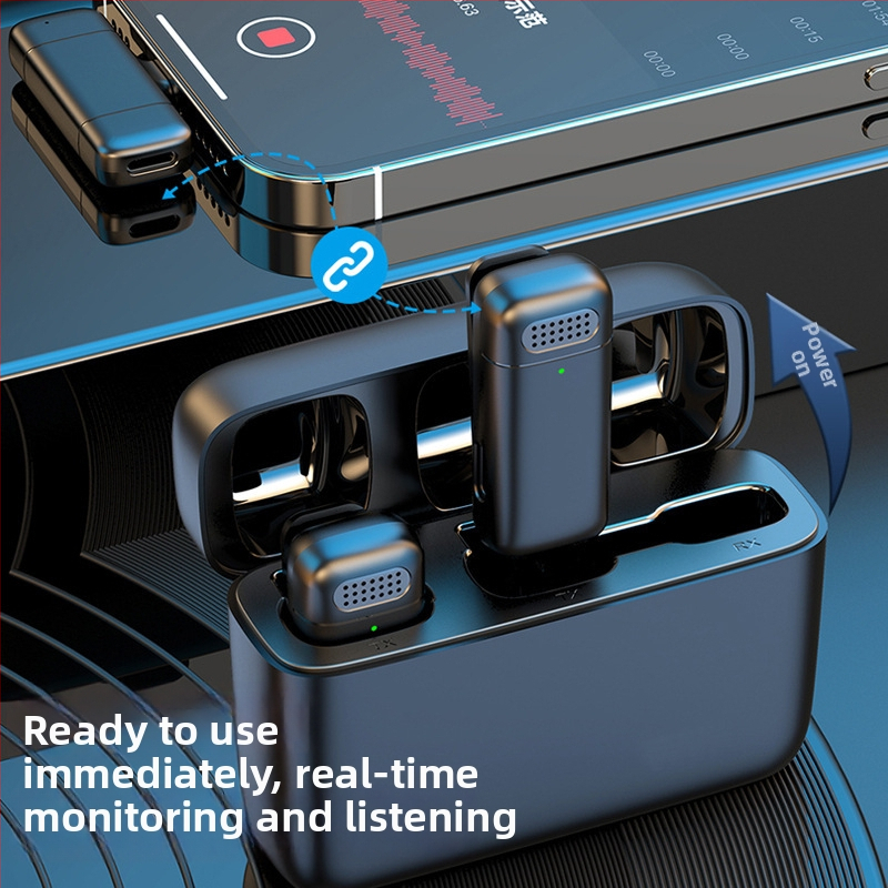 Belaidė lavalier mikrofonas, Bluetooth 5.0, Dažnių atsakas 100 Hz–20 kHz, SNR ≥70 dB, Įkraunama baterija