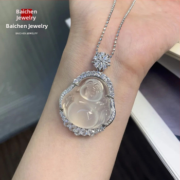 Baichen Jewelry Budha ripats kaelakee chalcedonist agatist, geomeetriline kuju, zirkoni seadistus, hõbedaga katetud